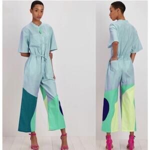 The Kit Issa Colorblock Geometric Print Short Sleeve Jumpsuit Aqua Blue Small